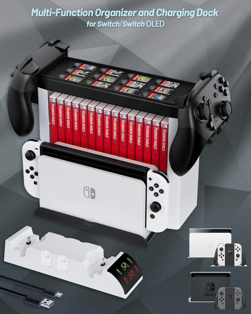 ZAONOOL Switch Organizer with Controller Charging Station, Charger Stand for Nintendo Switch/OLED Joycon and Pro Controller, Accessories Storage Tower for Console, Games and Dock - Image 2